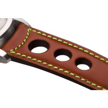 Bracelet aéré en cuir couleur camel surpiqué vert fluo