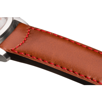 Bracelet plein en cuir couleur camel surpiqué rouge