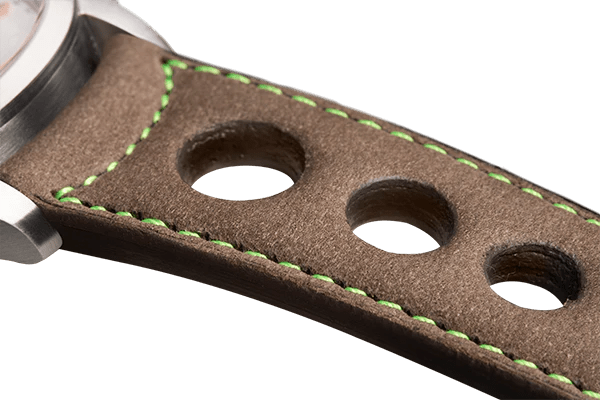 Bracelet aéré en nubuck taupe surpiqué vert fluo