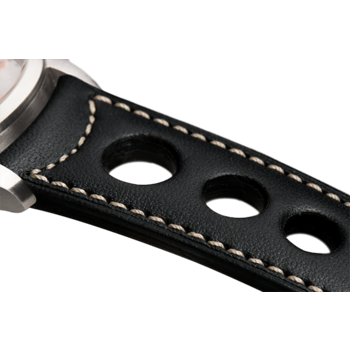 Bracelet aéré en cuir noir surpiqué écru