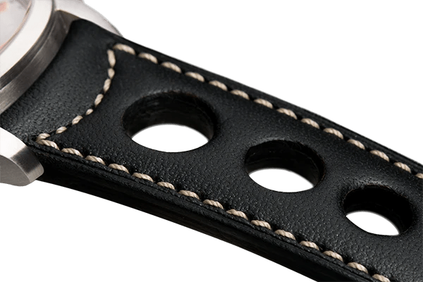 Bracelet aéré en cuir noir surpiqué écru