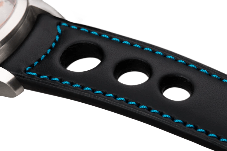 Bracelet aéré en cuir noir surpiqué turquoise