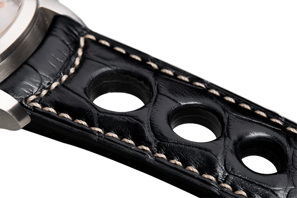 Bracelet aéré en alligator noir surpiqué écru