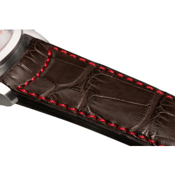 Bracelet plein en alligator brun foncé surpiqué rouge
