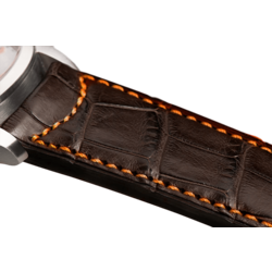 Bracelet plein en alligator brun foncé surpiqué orange