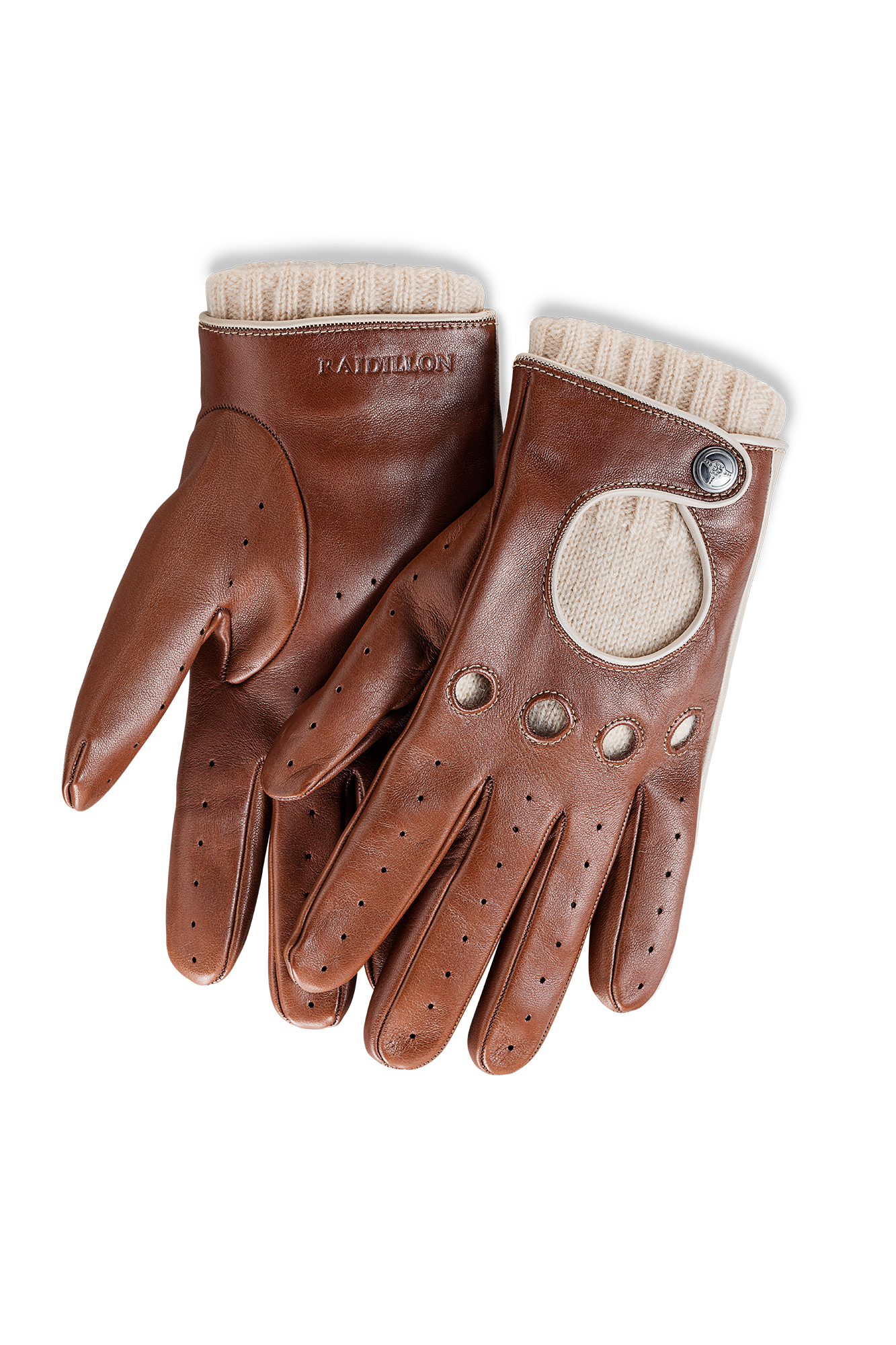 Gants de course cognac avec doublure en cachemire beige
