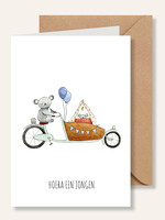 Juulz Juulz illustrations | wenskaart A6 - Bakfiets hoera een jongen