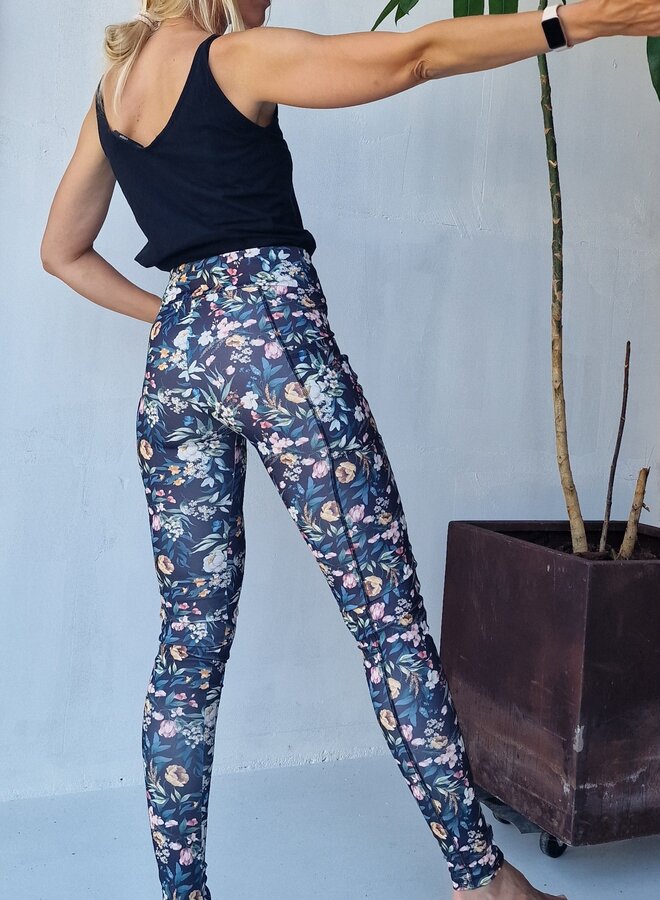 Lange sportlegging | met steekzak & koordje | black / flowers