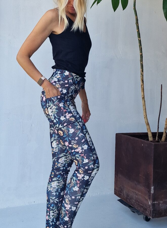 Lange sportlegging | met steekzak & koordje | black / flowers