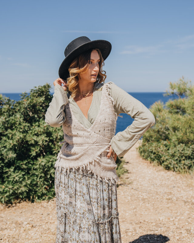 Isla Ibiza Bonita Short Knitted Openwork Gilet Olivera Cream