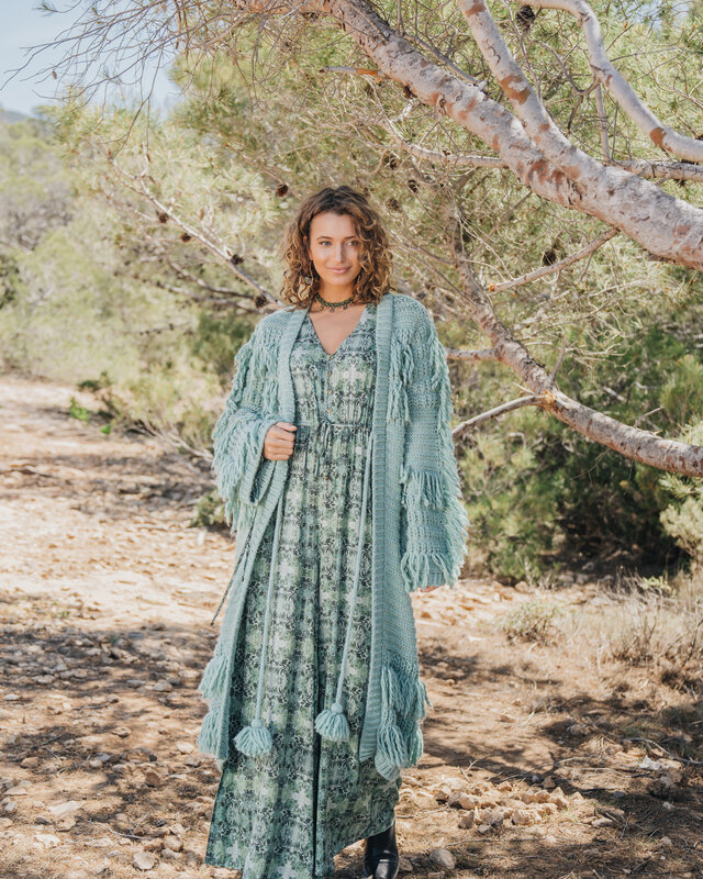 Isla Ibiza Bonita Long Fringed Knitted Cardigan Ses Boques Turquoise