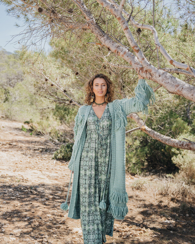 Isla Ibiza Bonita Long Fringed Knitted Cardigan Ses Boques Turquoise