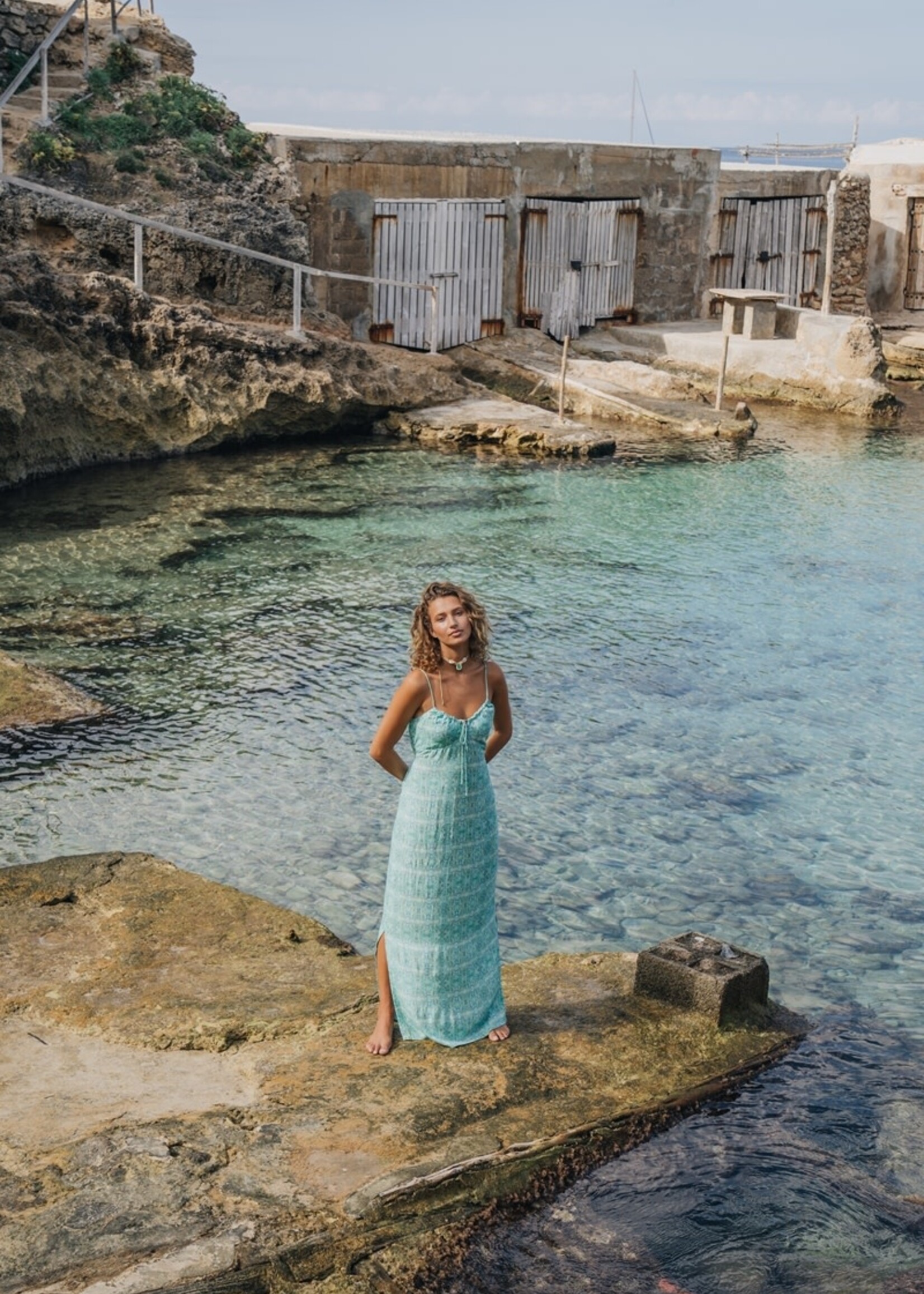 La Isla Ibiza Bonita Long Sleeveless Dress Flowers Sea – Turquoise