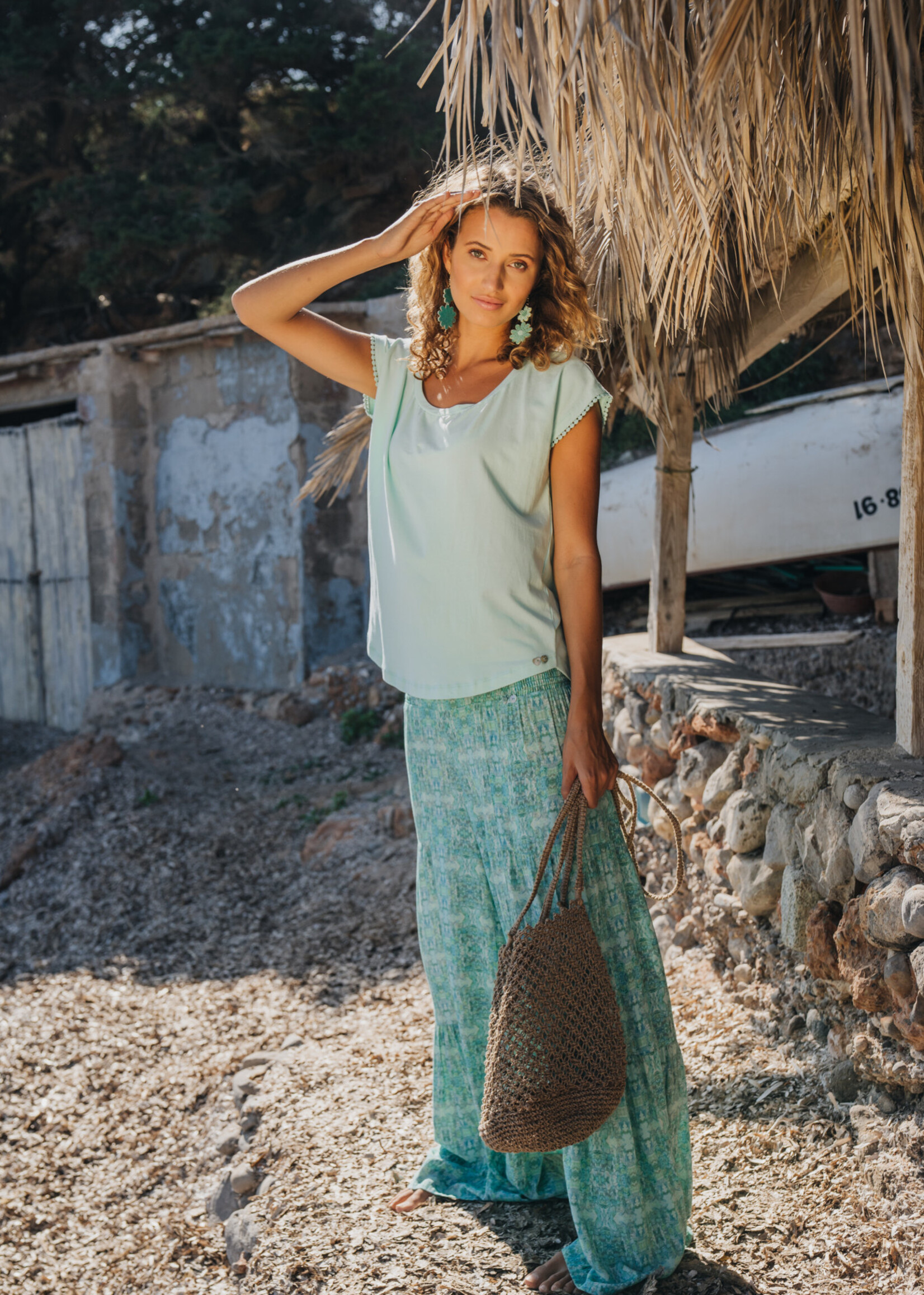 Isla Ibiza Bonita Wide Pants Dress Flowers Sea – Turquoise