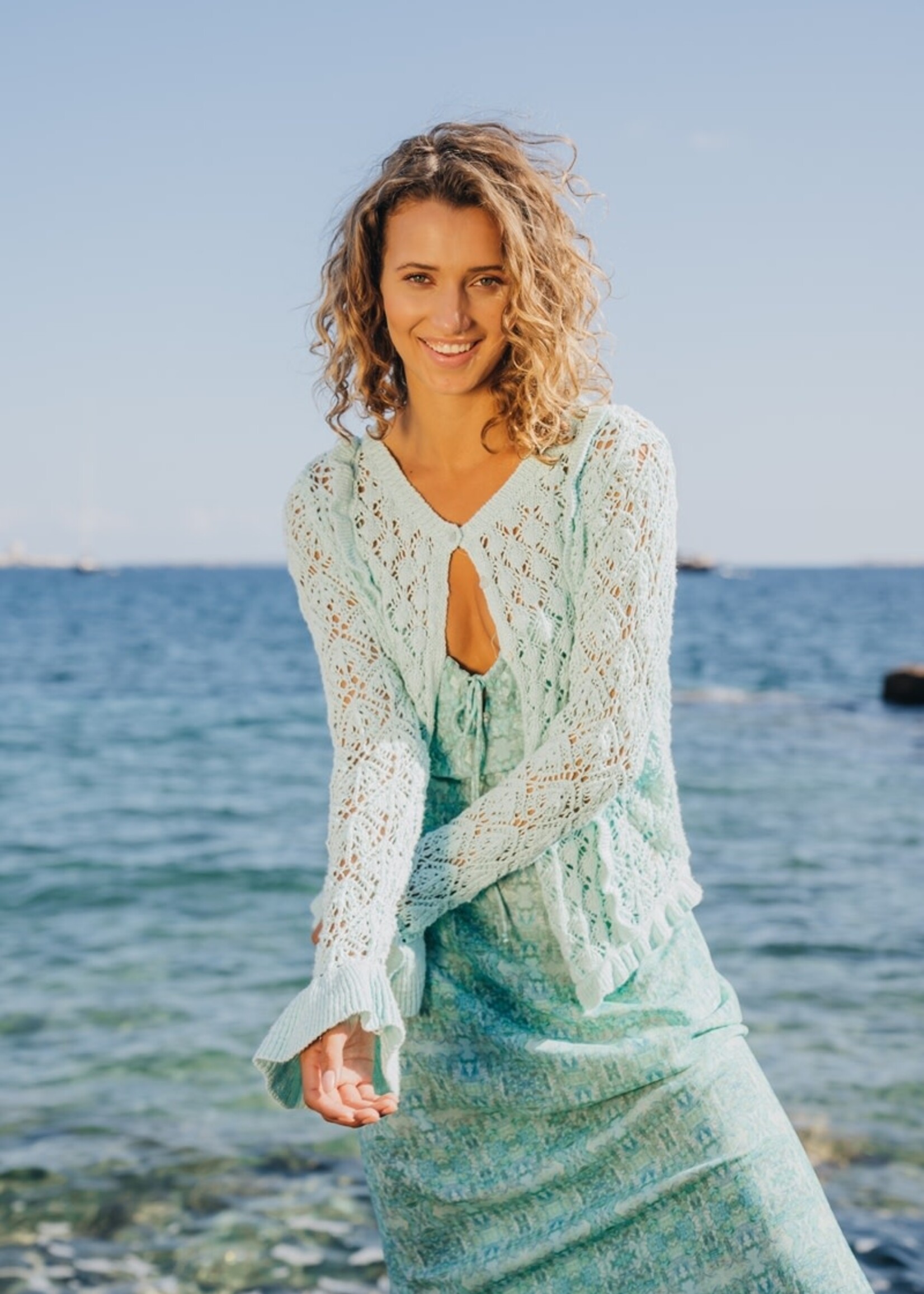 Isla Ibiza Bonita Openwork Ruffled Cardigan Too Cute - Light Turquoise