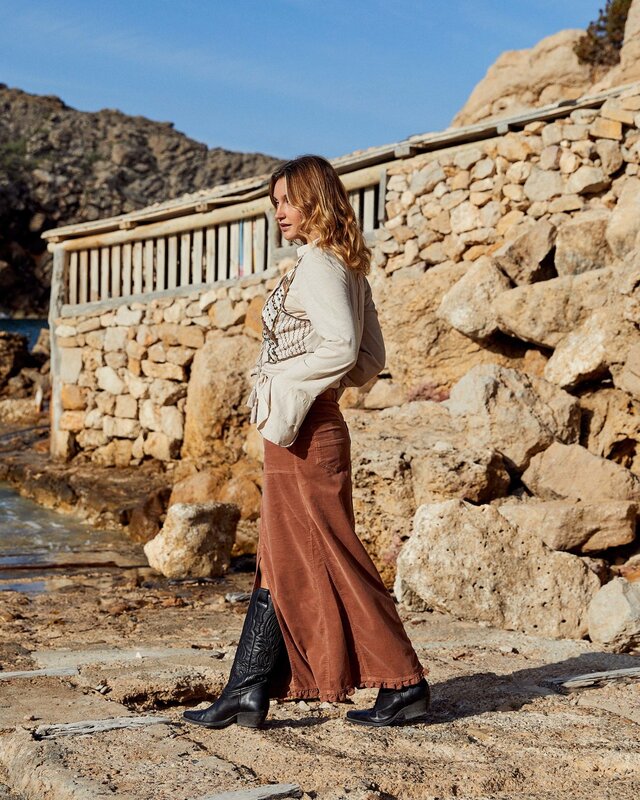 Isla Ibiza Bonita Long Ruffled Velvet Skirt Autumn Terra