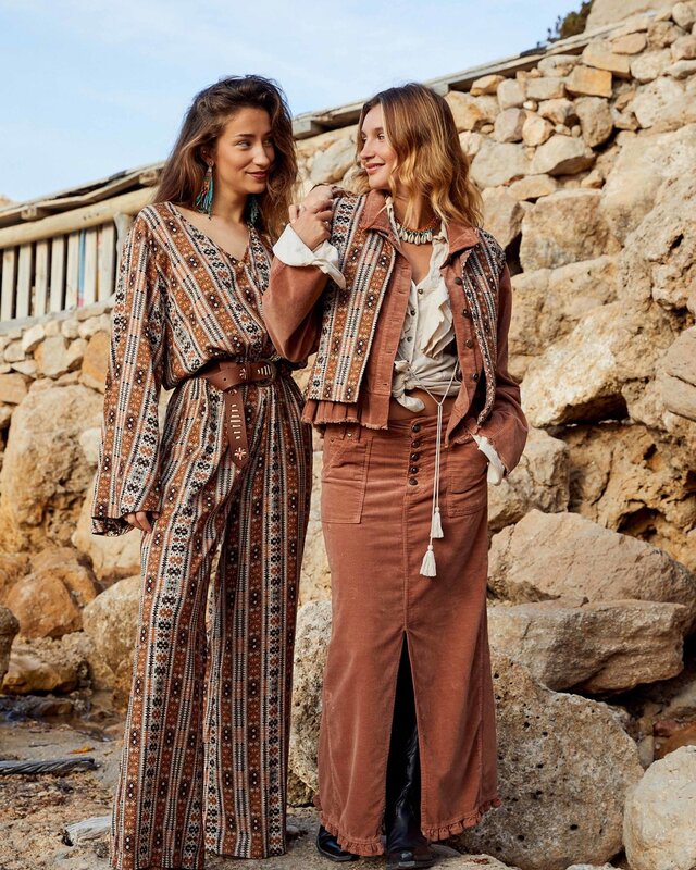 Isla Ibiza Bonita Long Ruffled Velvet Skirt Autumn Terra