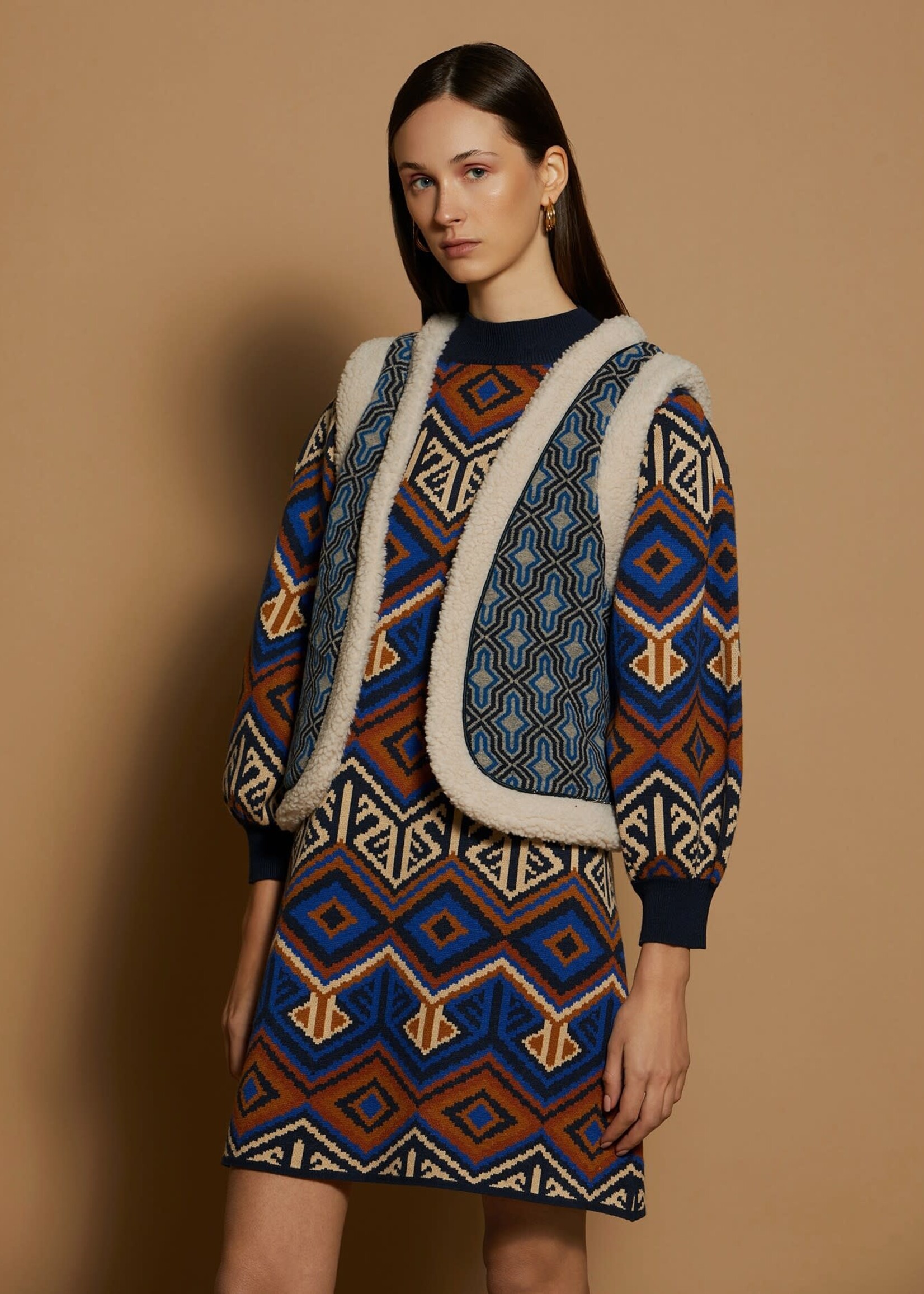 Meisïe Geometric Printed Gilet Retro Blue