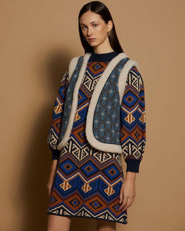 Meisïe Geometric Printed Gilet Retro Blue