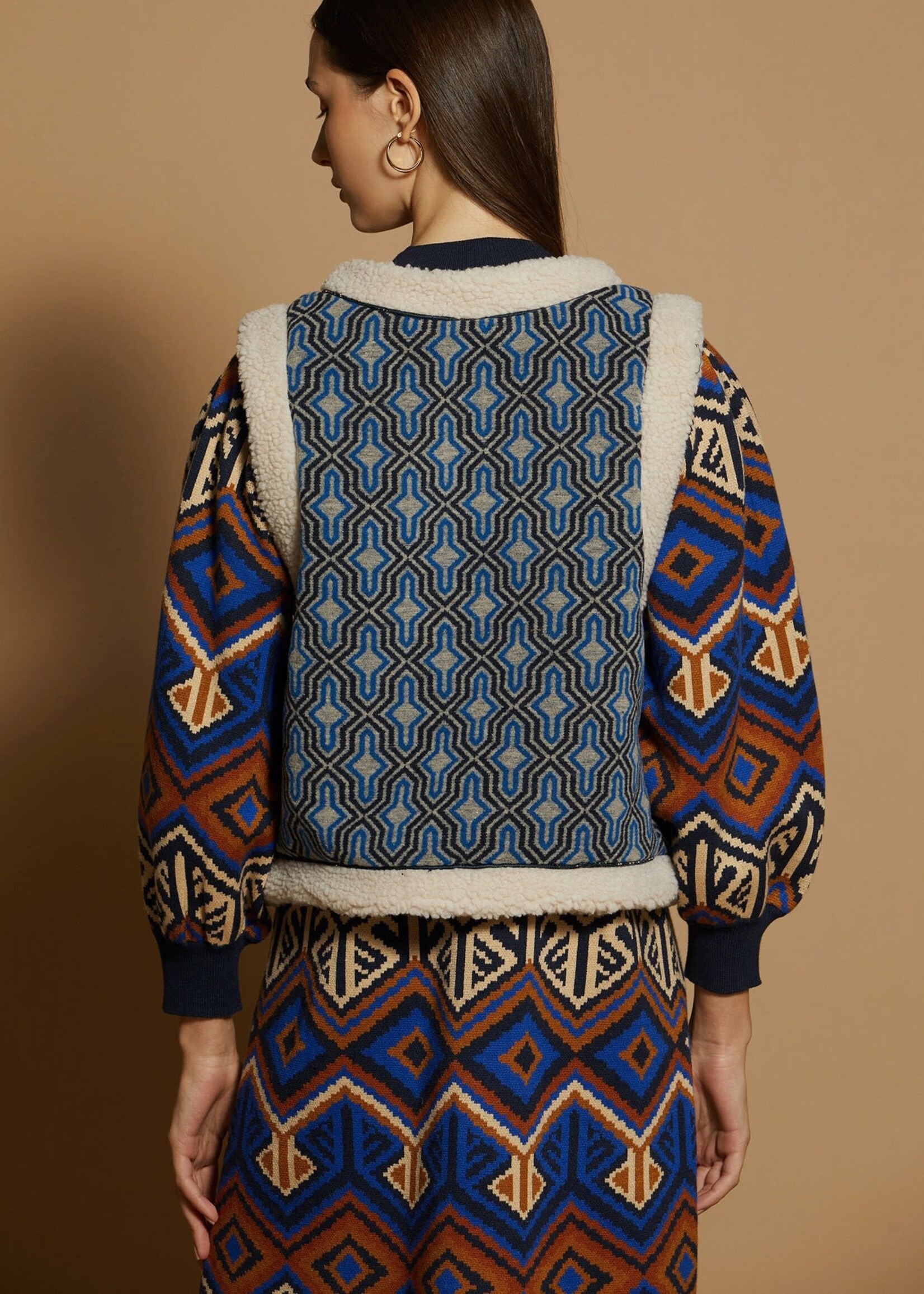 Meisïe Geometric Printed Gilet Retro Blue