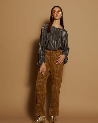 Meisïe Velvet Trousers with Leaves Brown