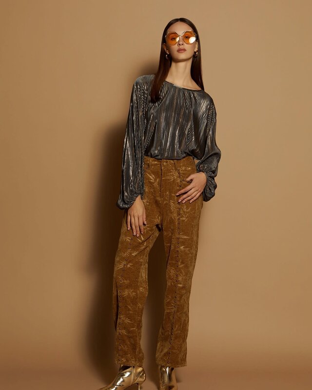 Velvet Trousers with Leaves Brown