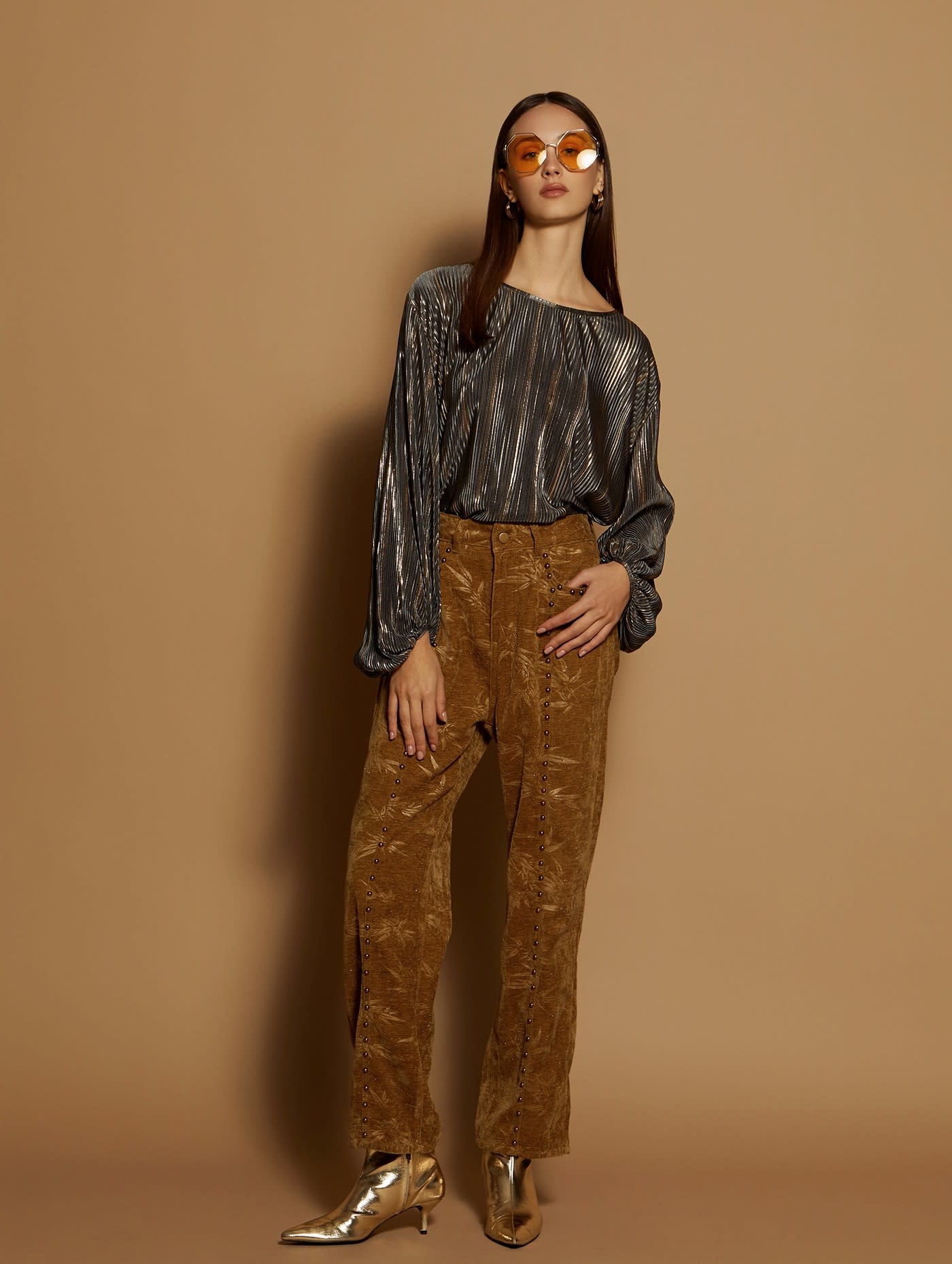 Velvet Trousers with Leaves Brown