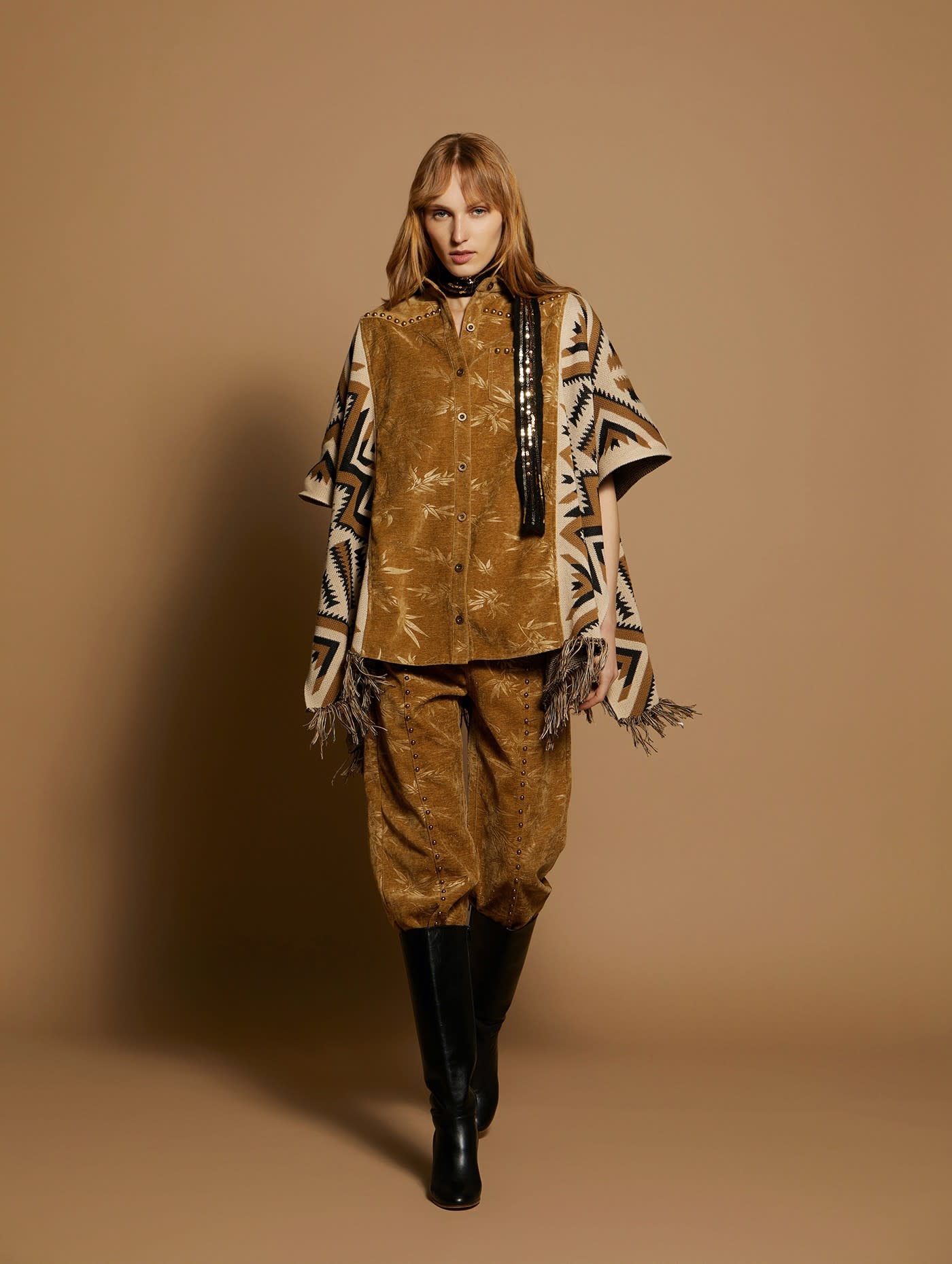 Velvet Trousers with Leaves Brown