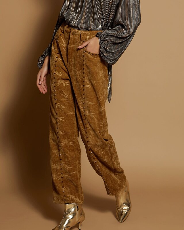 Meisïe Velvet Trousers with Leaves Brown