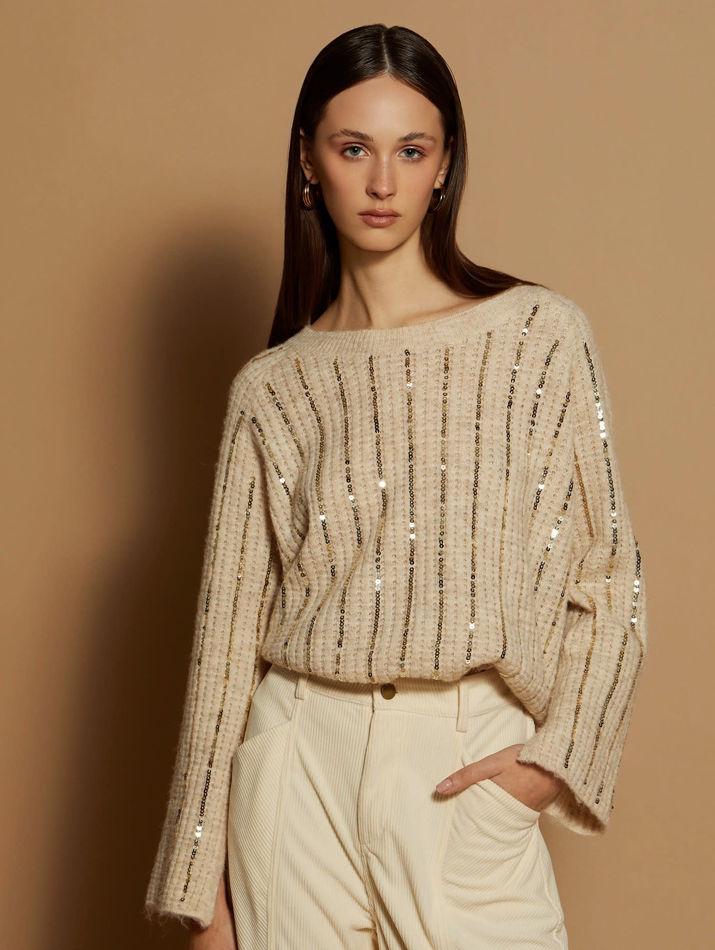 Sweater with Sequins Embroidery Ivory