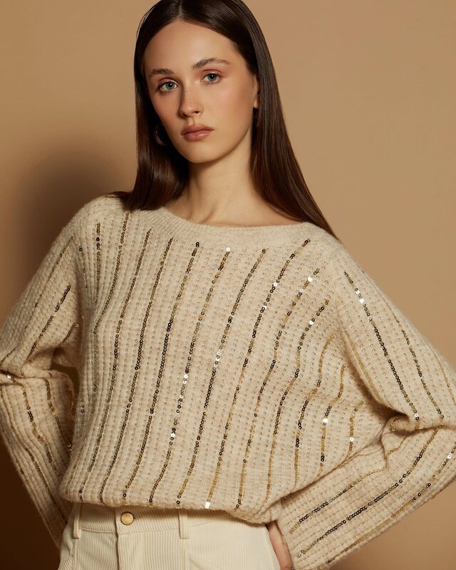 Sweater with Sequins Embroidery Ivory