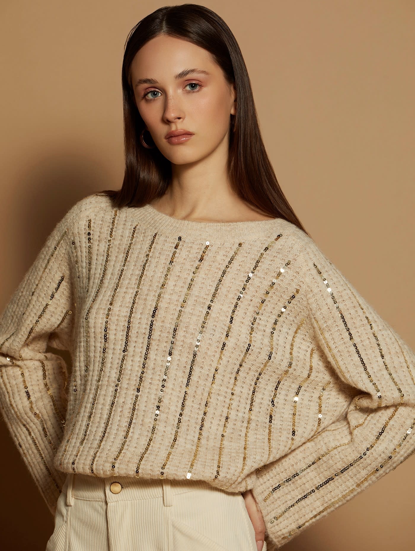 Sweater with Sequins Embroidery Ivory