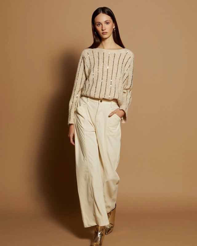 Sweater with Sequins Embroidery Ivory