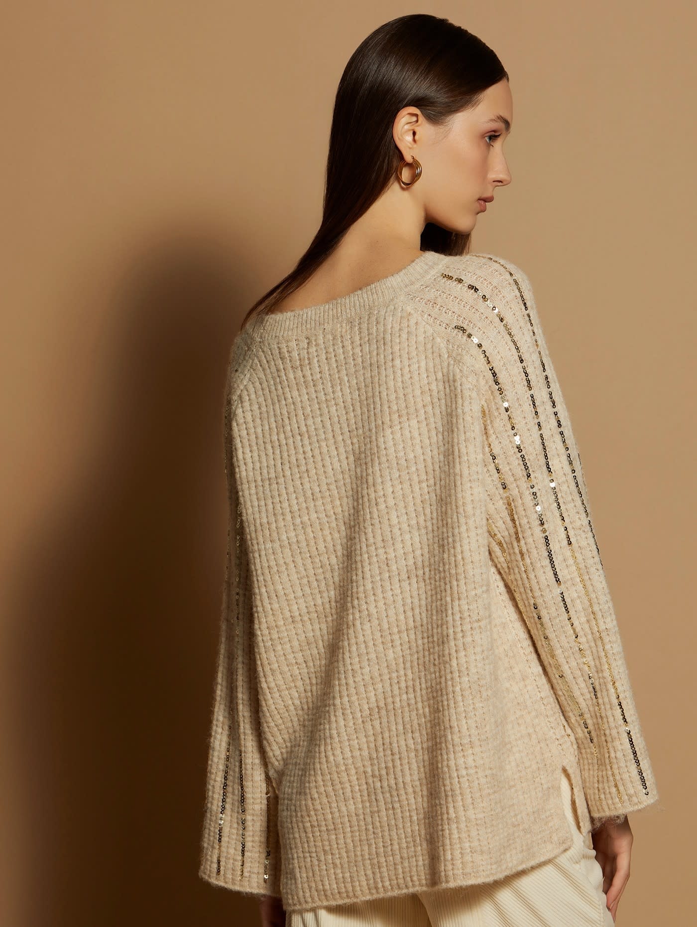 Sweater with Sequins Embroidery Ivory