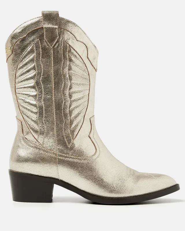 Lazamani Ladies Western Boots Metallic Gold Low Heel