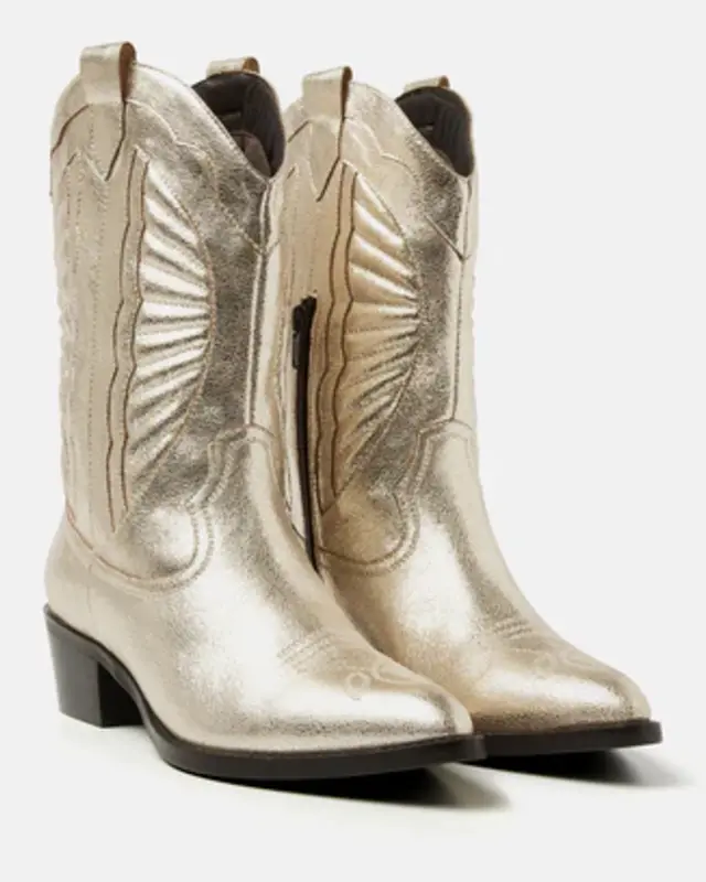 Lazamani Ladies Western Boots Metallic Gold Low Heel