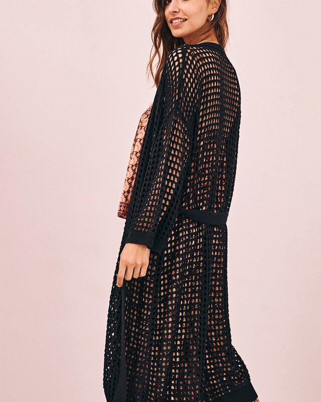 NKN Nekane Long Openwork Knitted Kimono With Waist Belt Kofi Black