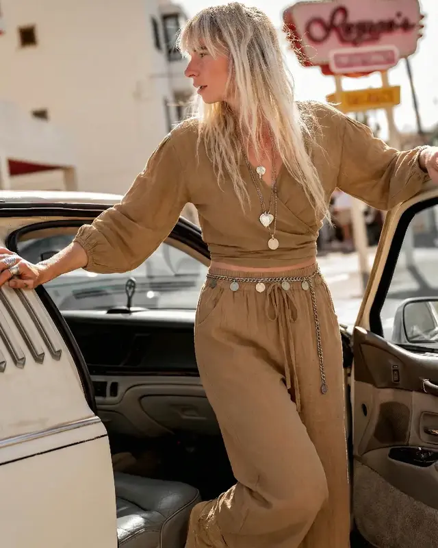 Moost Wanted Helena Linen Wrap Top Camel