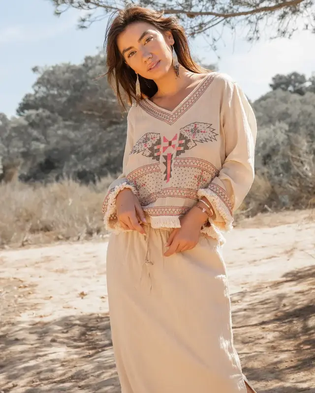 Isla Ibiza Bonita Embroidery Blouse Lunas Khaki