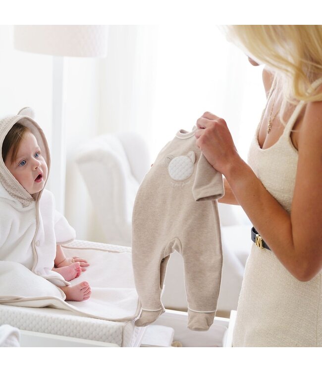 First BO U rompersuit olso teddy bear on front Beige