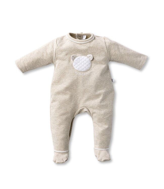 First BO U rompersuit olso teddy bear on front Beige
