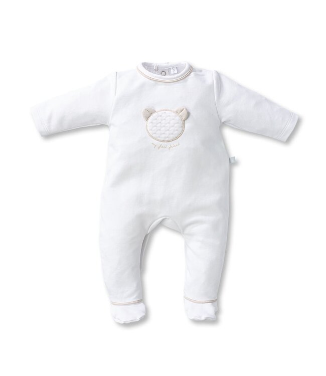 First BO U rompersuit olso teddy bear on front White Beige