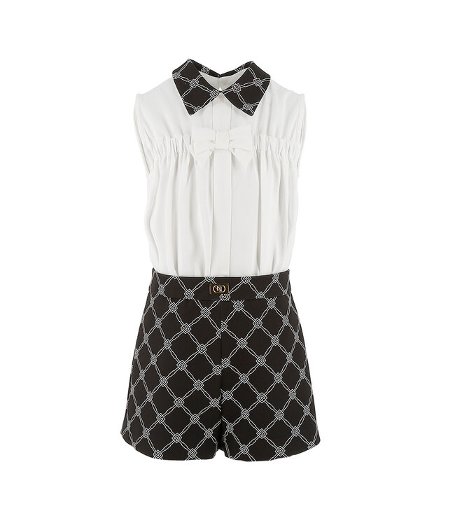 Elisabetta Franchi TUTA CON CAMICIA FIOCCO E SHORTS STAMPA LOSANGA AVORIO/NERO-AVORIO
