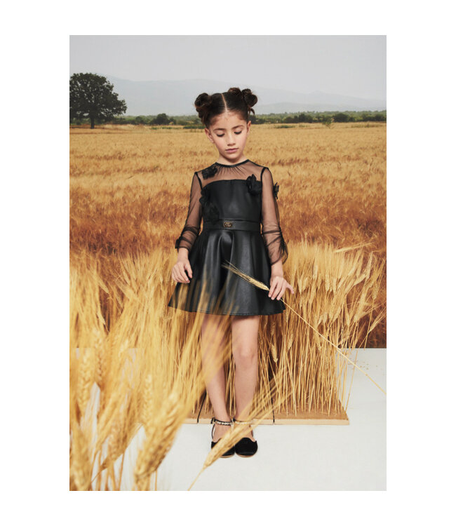 Elisabetta Franchi ABITO IN ECOPELLE CON FIORI RICAMATI NERO