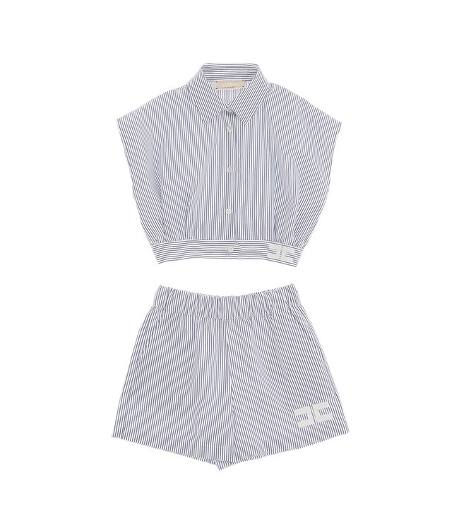 Elisabetta Franchi CAMICIA IN POPELINE RIGATO CON RICAMO LOGO AVORIO-BLU + SHORTS