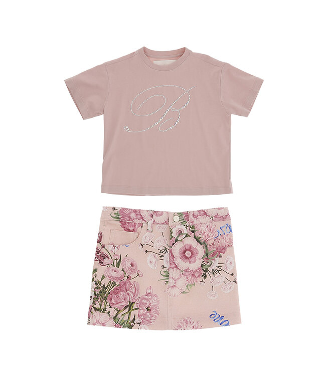 Miss Blumarine T-SHIRT CON B STRASS SOFT PINK + MINI GONNA IN BULL STAMPA FIORI MULTICOLOR