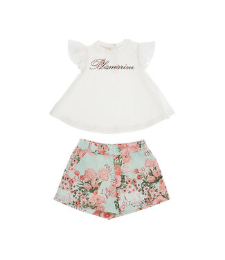Miss Blumarine T-SHIRT CON MANICHE VOLANT + BERMUDA IN POPELINE STAMPA FIORI MULTICOLOR