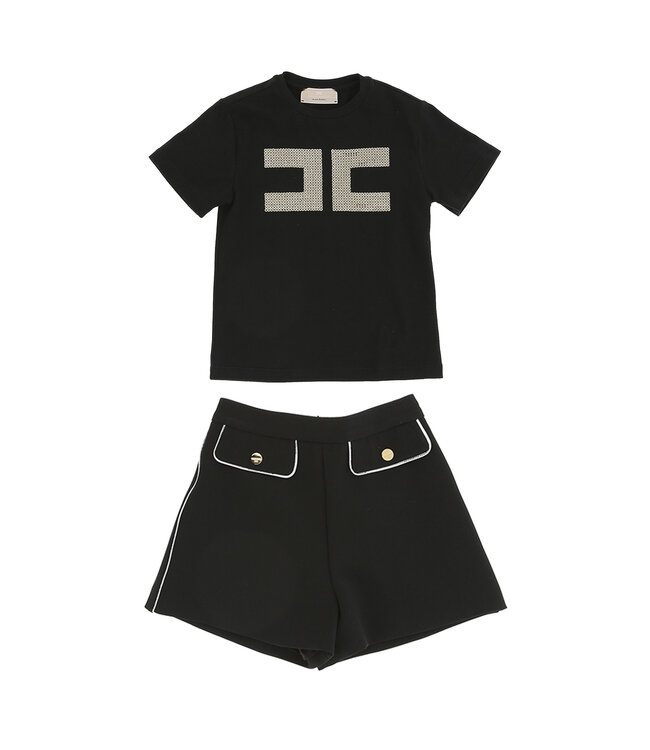 Elisabetta Franchi T-SHIRT + SHORTS M/C CON RICAMO DOPPIA C IN PAILLETTES NERO/ORO