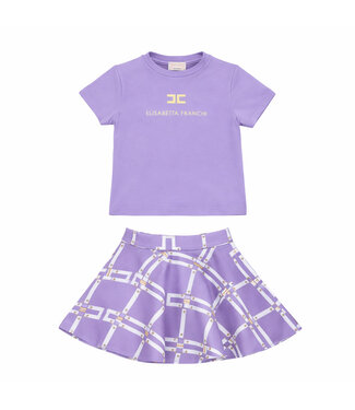 Elisabetta Franchi T-SHIRT M/C CON LOGO DORATO LILAC/ORO + GONNA IN CREPE LILAC/AVORIO
