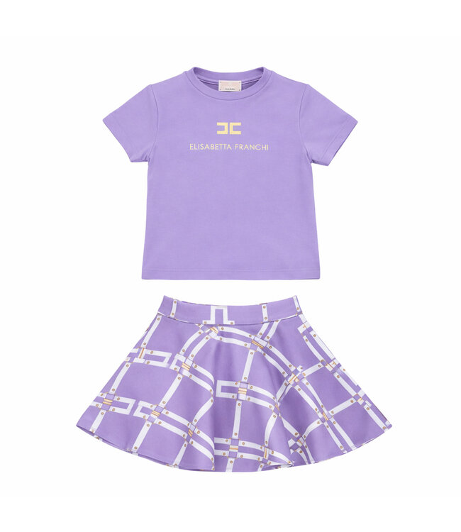 Elisabetta Franchi T-SHIRT M/C CON LOGO DORATO LILAC/ORO + GONNA IN CREPE LILAC/AVORIO